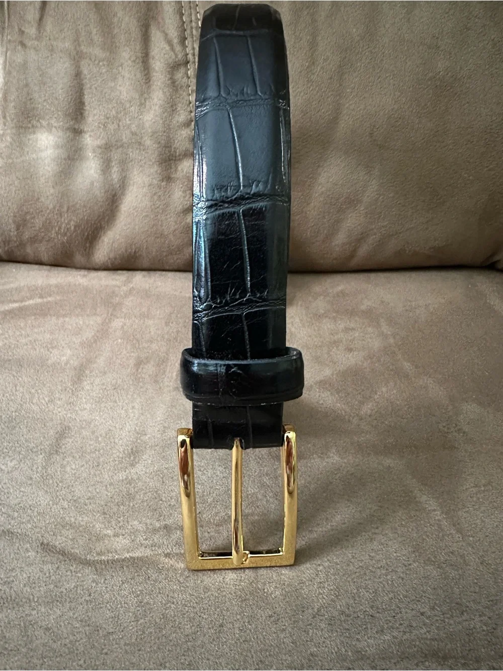 Men's Black Croc-Embossed Leather Belt with Gold Buckle—Size 44